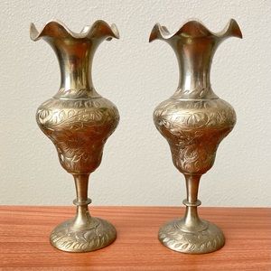 Vintage Brass Flower Vase set of 2 Etched